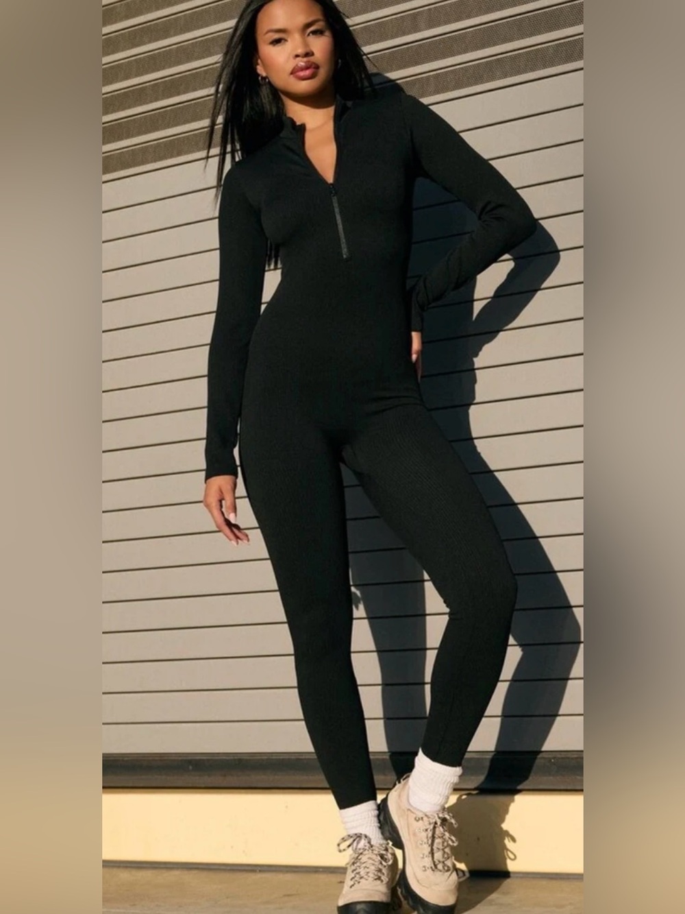 Black Long-Sleeve Zip-Front Stretch Jumpsuit